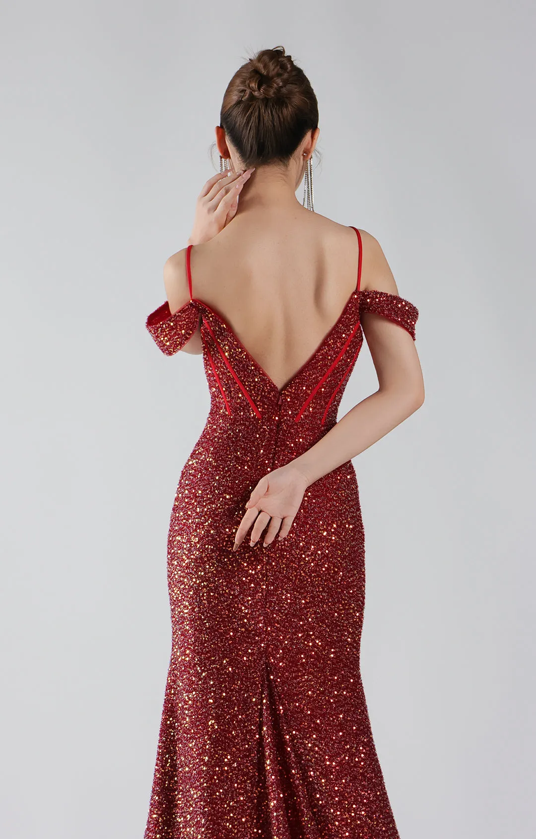 Sequin Drop Shoulder Backless Mermaid Evening Dress