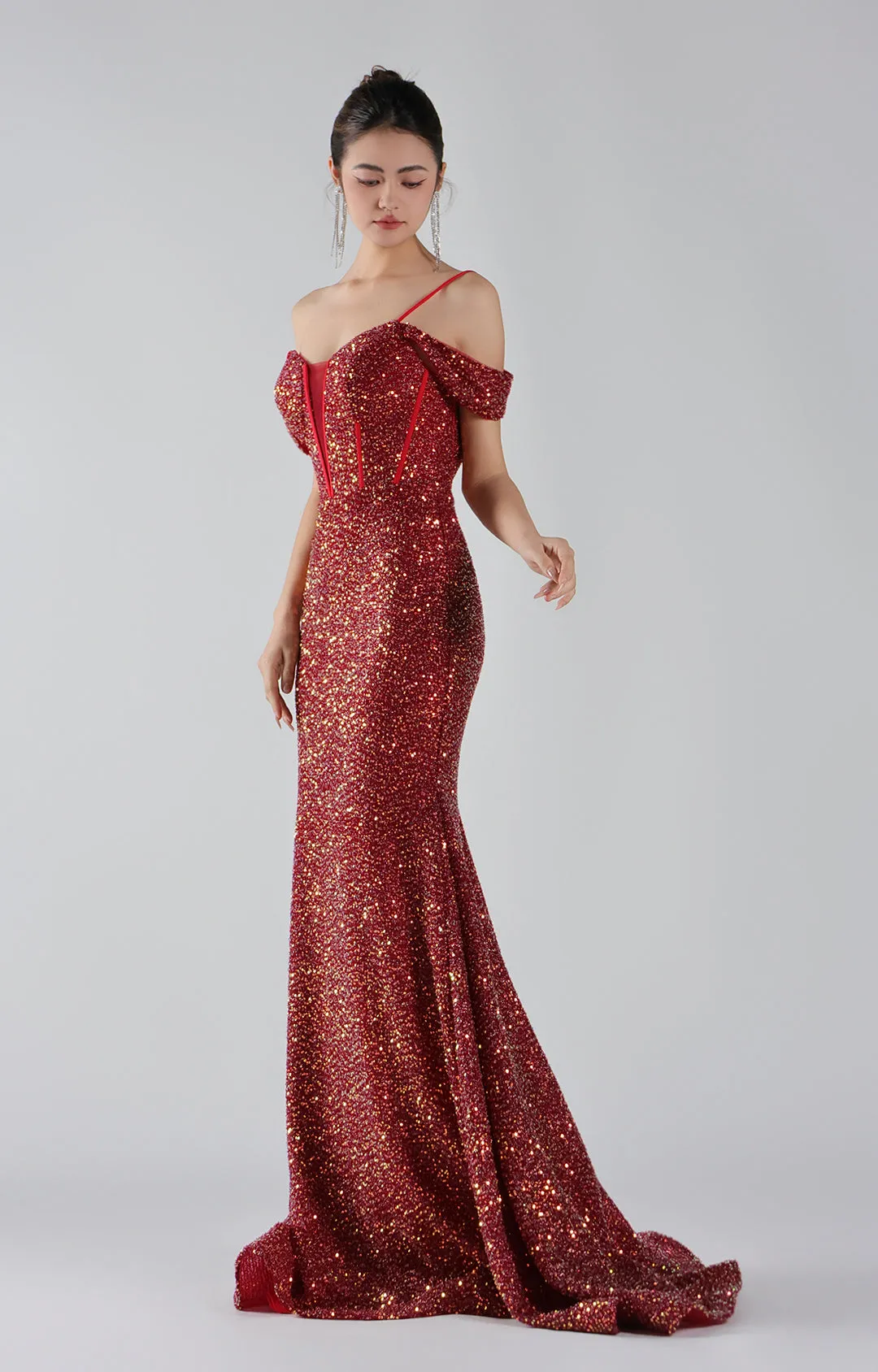 Sequin Drop Shoulder Backless Mermaid Evening Dress