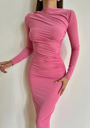 Solid Color Pleated Bodycon Party Dress Elegant O Neck Long Sleeve