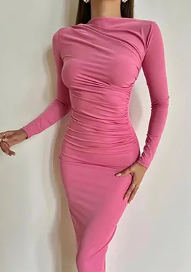 Solid Color Pleated Bodycon Party Dress Elegant O Neck Long Sleeve