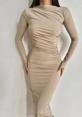 Solid Color Pleated Bodycon Party Dress Elegant O Neck Long Sleeve
