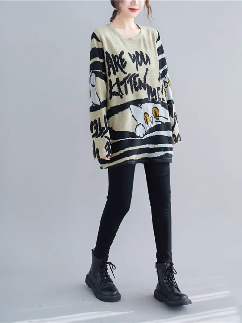Women's Cool and Fashionable Kitty Cartoon Long Tops