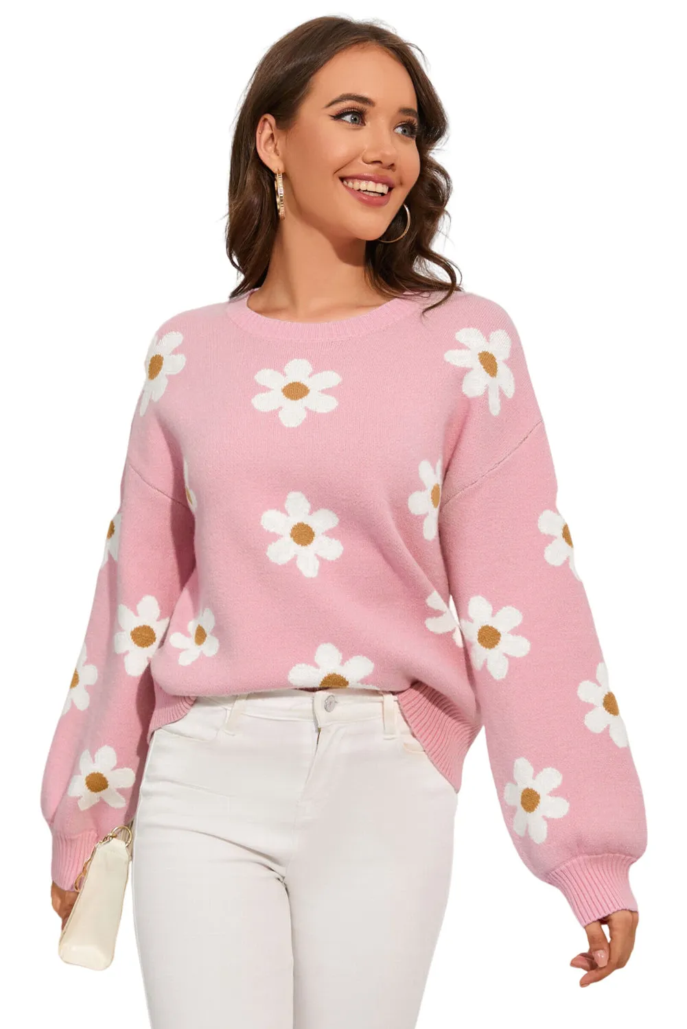 Women's Floral Pattern Drop Shoulder Pink Sweater