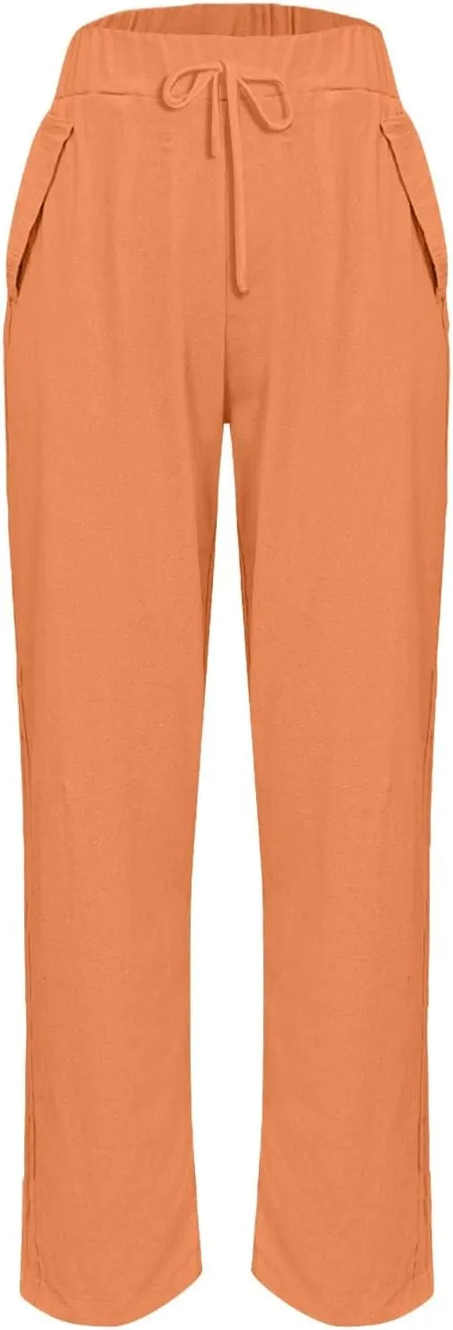 Womens Wide Leg Pants Elastic Waistband High Waistband Pocket Pants Side Buttons Nine Point Pants Loose Casual Pants