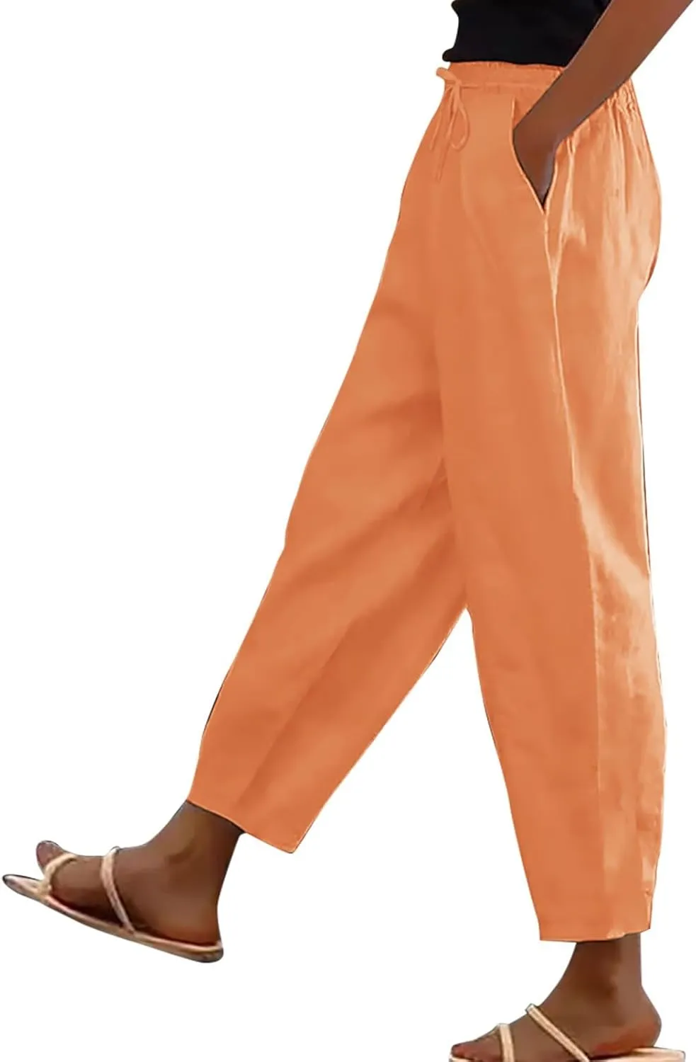 Womens Wide Leg Pants Elastic Waistband High Waistband Pocket Pants Side Buttons Nine Point Pants Loose Casual Pants