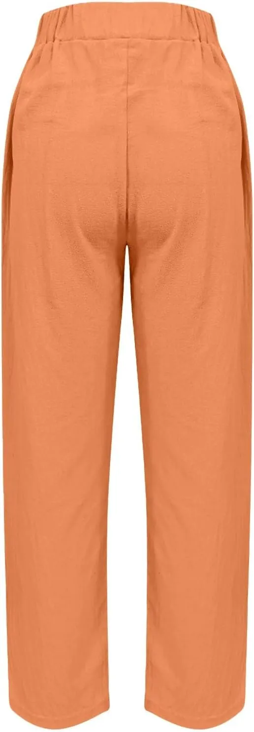 Womens Wide Leg Pants Elastic Waistband High Waistband Pocket Pants Side Buttons Nine Point Pants Loose Casual Pants